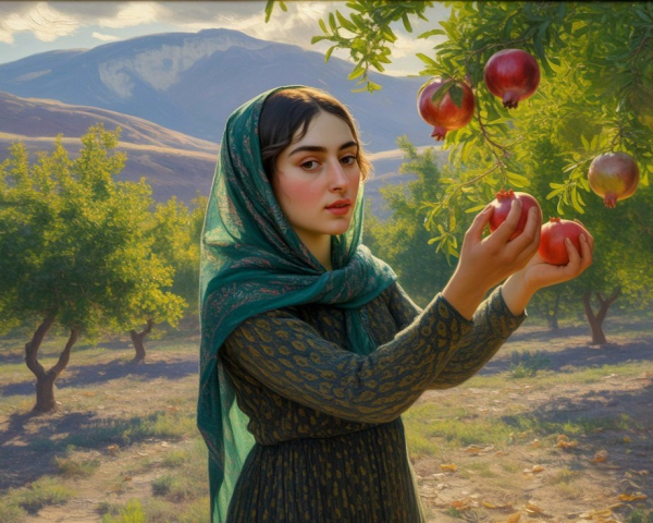 Young woman in green scarf among pomegranate trees