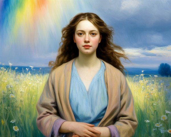 Young woman in wildflower field with rainbow backdrop