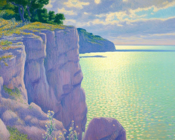 Serene Coastal Landscape with Rugged Cliffs and Sea