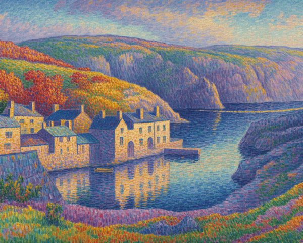 Serene Coastal Scene with Quaint Buildings and Hills