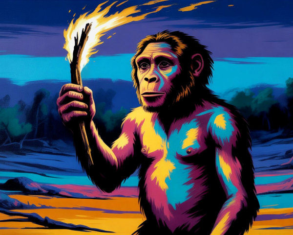Vibrant Early Hominid with Torch in Twilight Scene