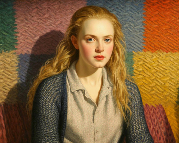 Young Woman with Blonde Hair Against Colorful Quilt