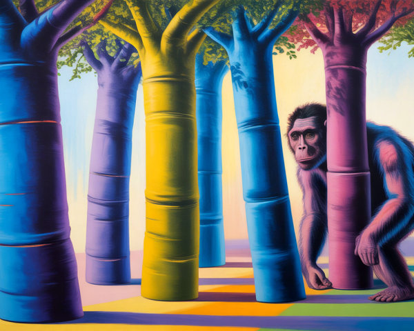 Surreal Landscape with Colorful Trees and Monkey