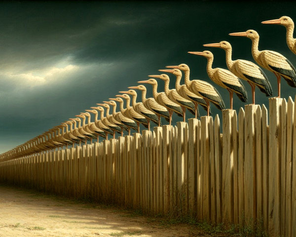 Surreal Landscape with Wooden Fence and Stork Sculptures