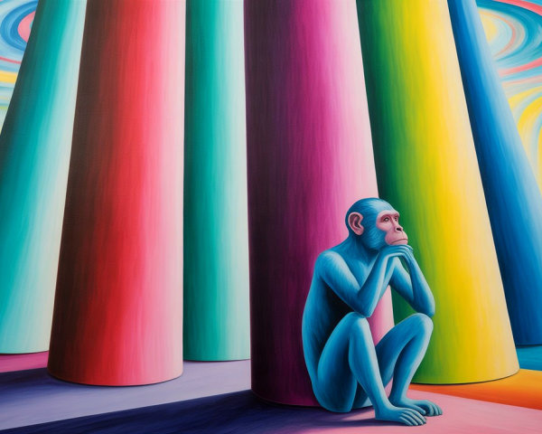 Surreal Artwork of a Blue Monkey Among Colorful Pillars
