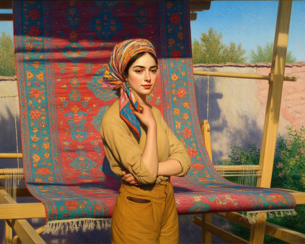Young woman poses by vibrant patterned rug outdoors
