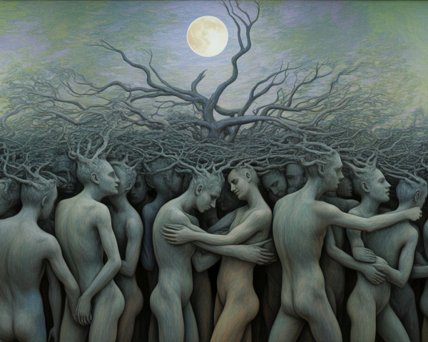 Surreal Landscape of Merged Figures and Nature