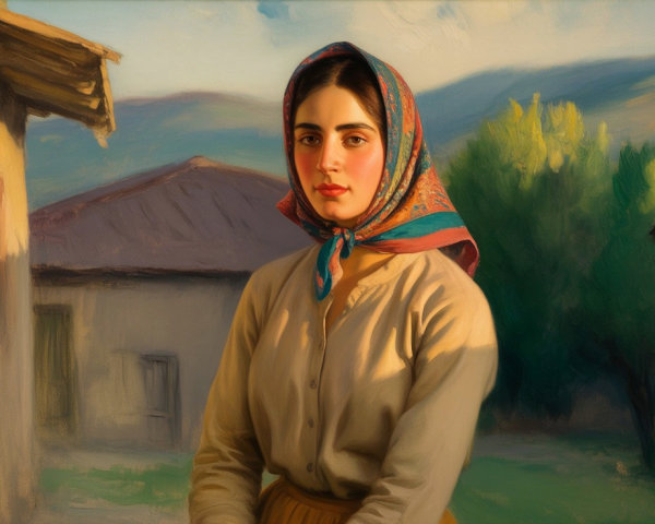 Portrait of a young woman in a colorful headscarf outdoors