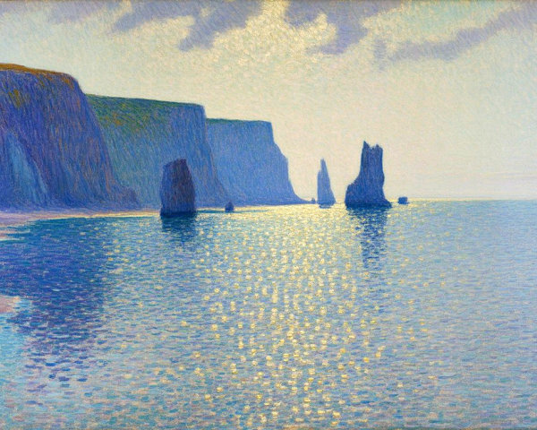 Tranquil Coastal Scene with Cliffs and Rocky Formations