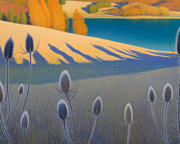 Vibrant Landscape with Rolling Hills and Water Body