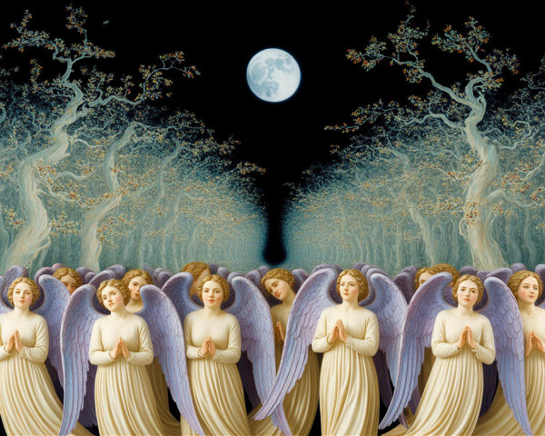Angels in Prayer Beneath a Luminous Full Moon
