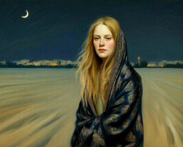 Woman in Blue Shawl in Desert Night Landscape