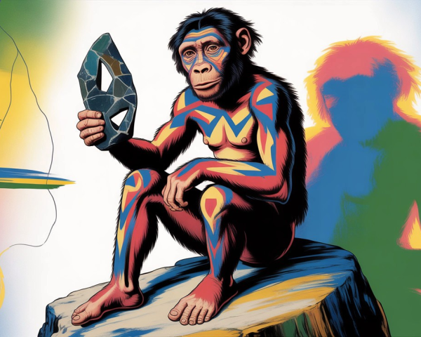 Stylized monkey with stone mask and vibrant patterns