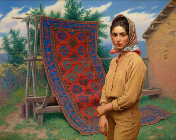 Young Woman Posing with Colorful Carpet in Nature