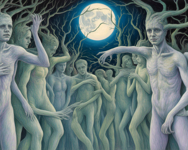 Ethereal Figures in a Moonlit Forest Setting