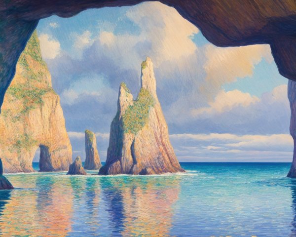 Coastal Scene Through Rocky Archway with Calm Waters