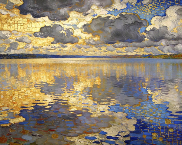 Oil Painting of a Shimmering Lake and Dramatic Sky