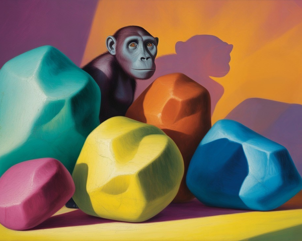 Hyper-realistic painting of a monkey and geometric rocks