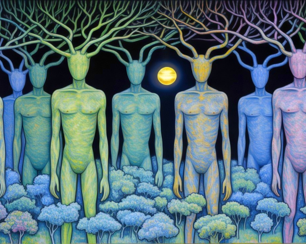 Surreal Landscape with Humanoid Tree Figures and Moon