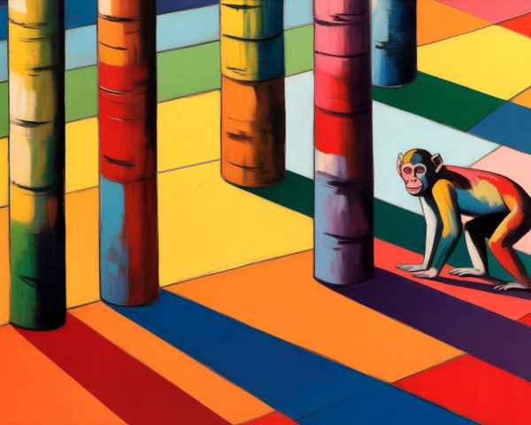 Vibrant Geometric Setting with Playful Monkey and Pillars