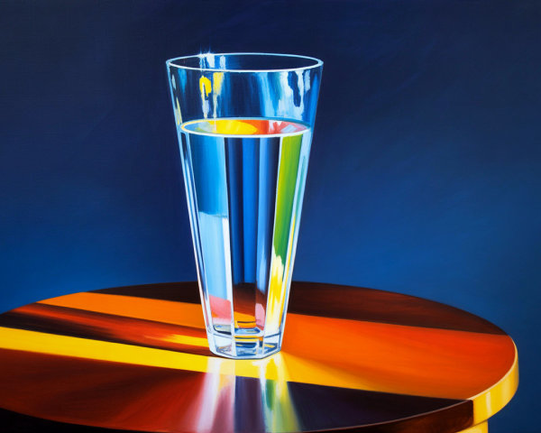 Glass of Water on Round Table with Colorful Reflections