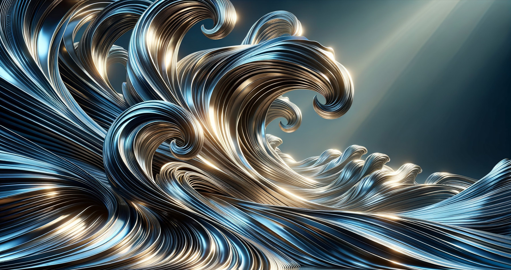 Abstract Metallic Wave in Deep Blues and Silvers