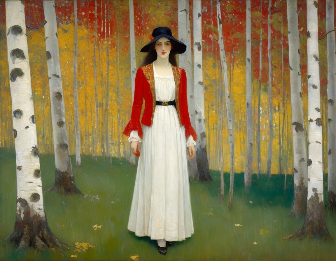 Young Woman in Autumn Forest with Birch Trees