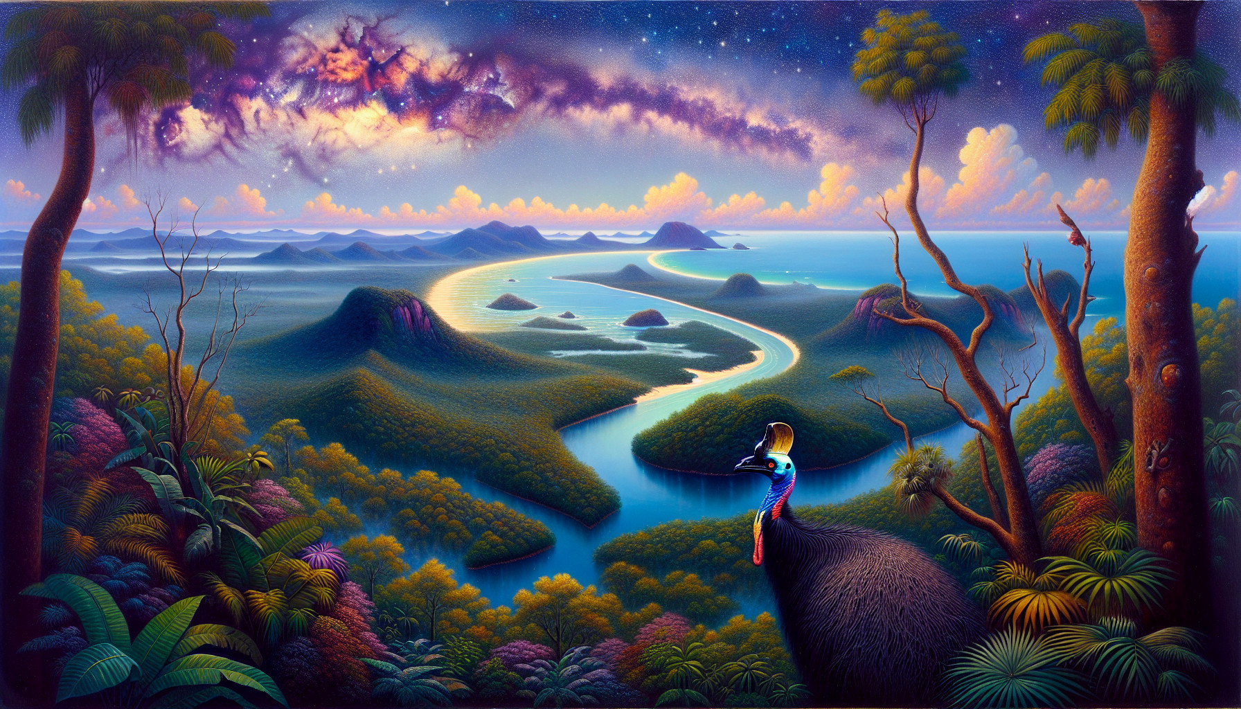 Vibrant Landscape with River, Cassowary, and Stars