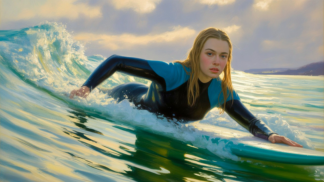 Young Woman Surfing in Blue and Black Wetsuit