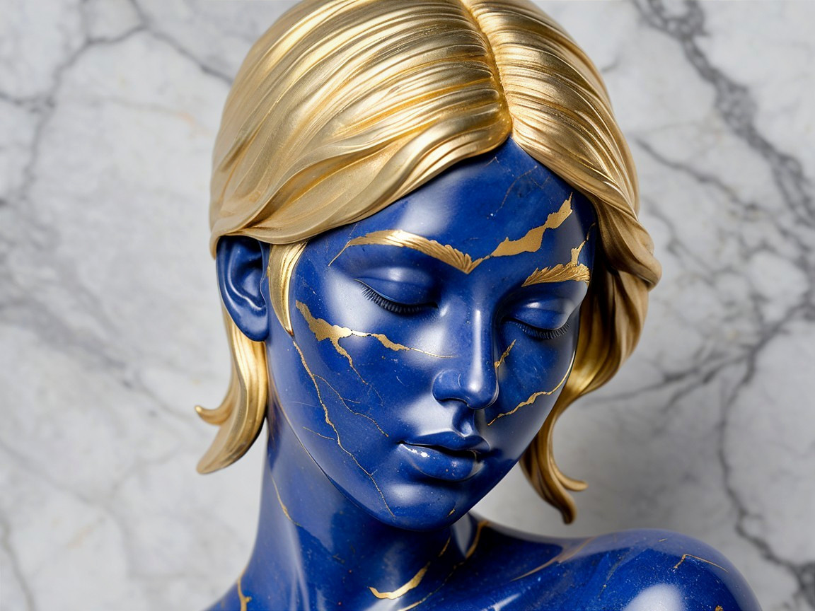 Sculpture of a Blue Female Figure with Golden Accents