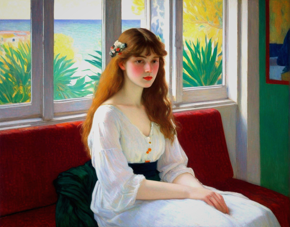 Serene Woman in White Dress on Red Sofa by Seaside