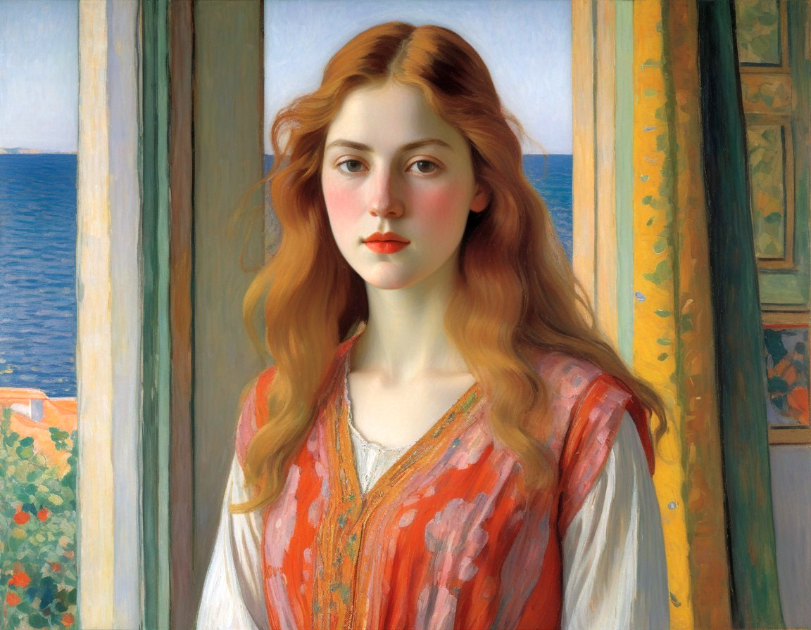 Young woman in red garment by serene sea view