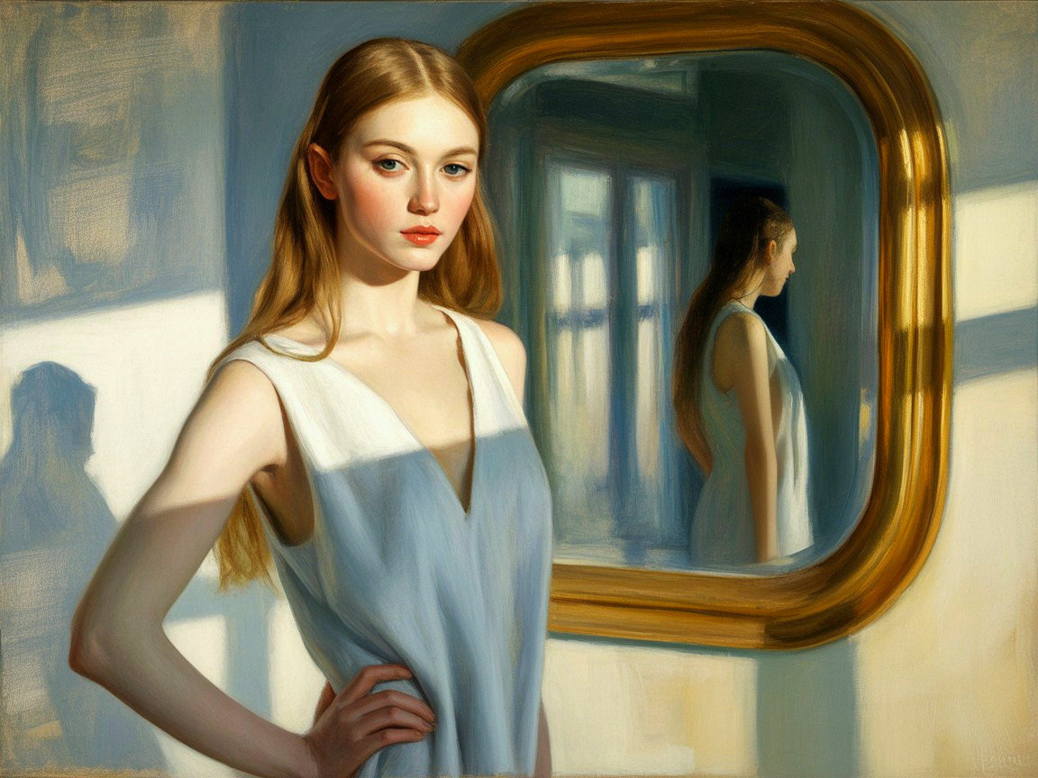Serene Woman in Light Blue Dress in Softly Lit Room