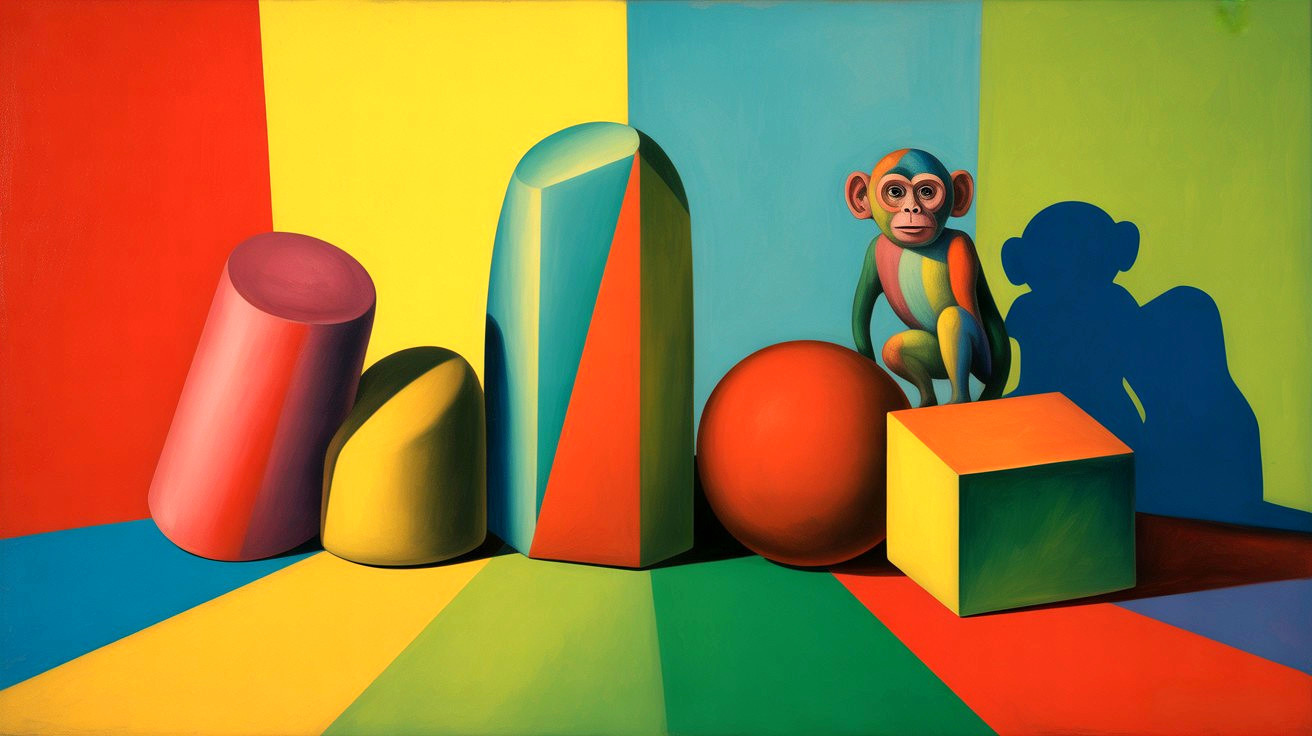 Vibrantly Colored Geometric Shapes with Monkey Figure