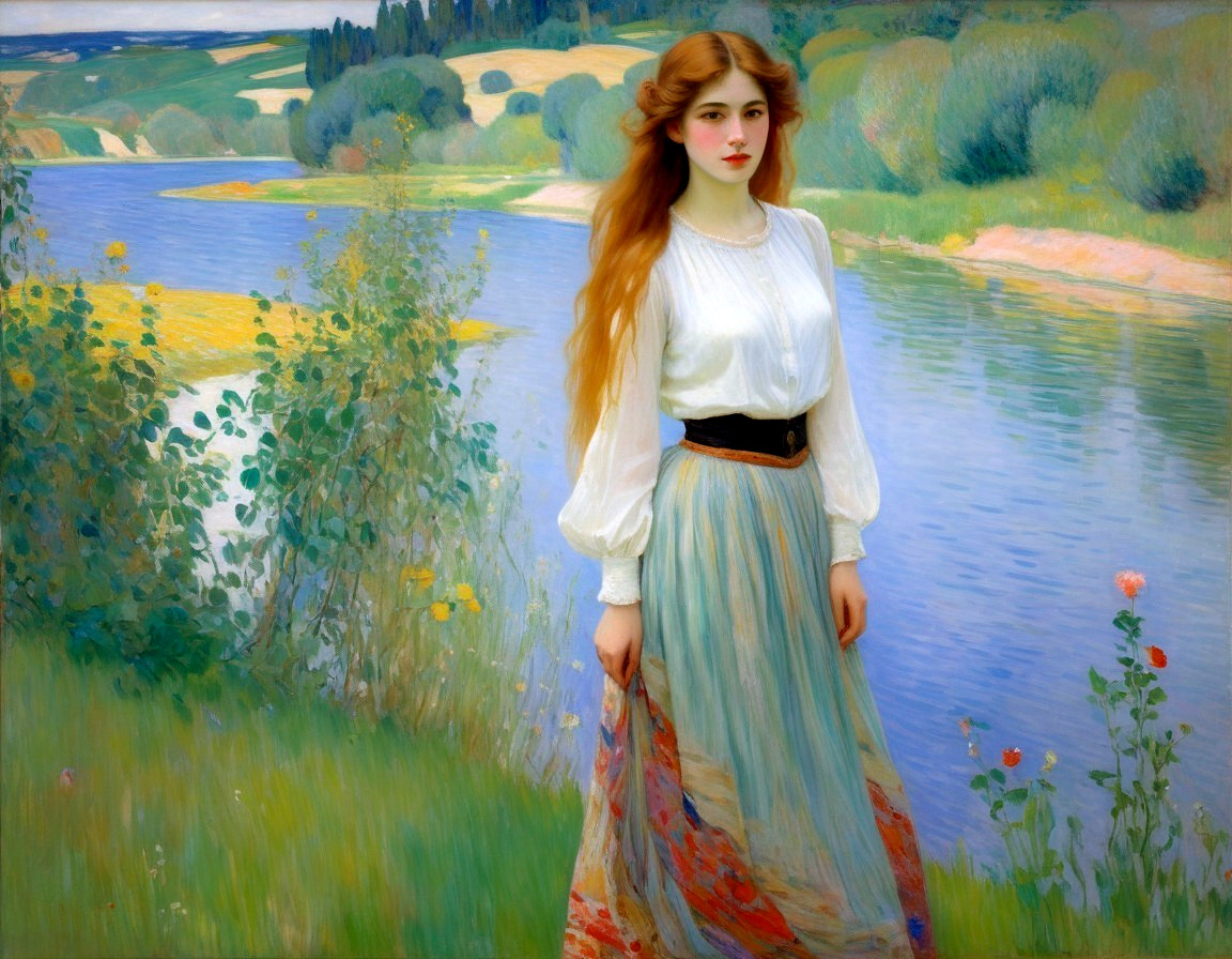 Young Woman in Flowing Attire by Serene River