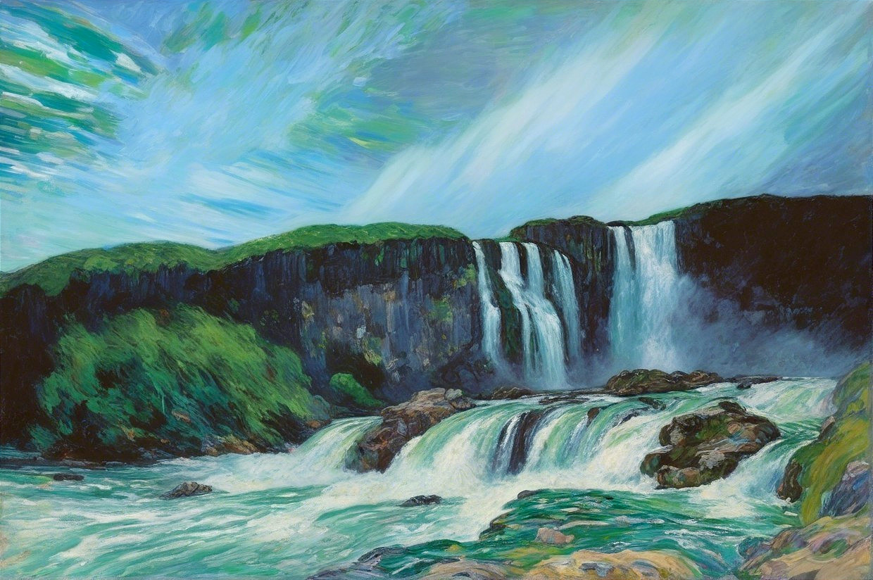 Vibrant Waterfall Surrounded by Lush Greenery