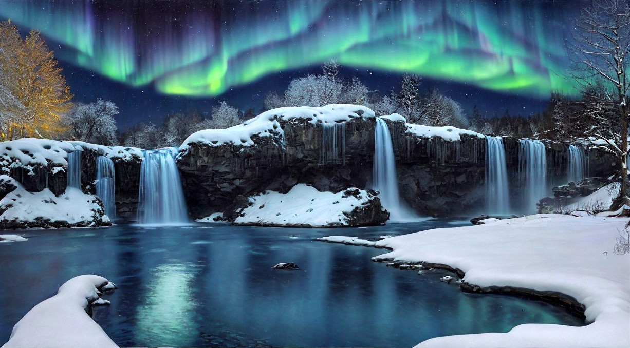 Winter Waterfall with Northern Lights Over Icy River