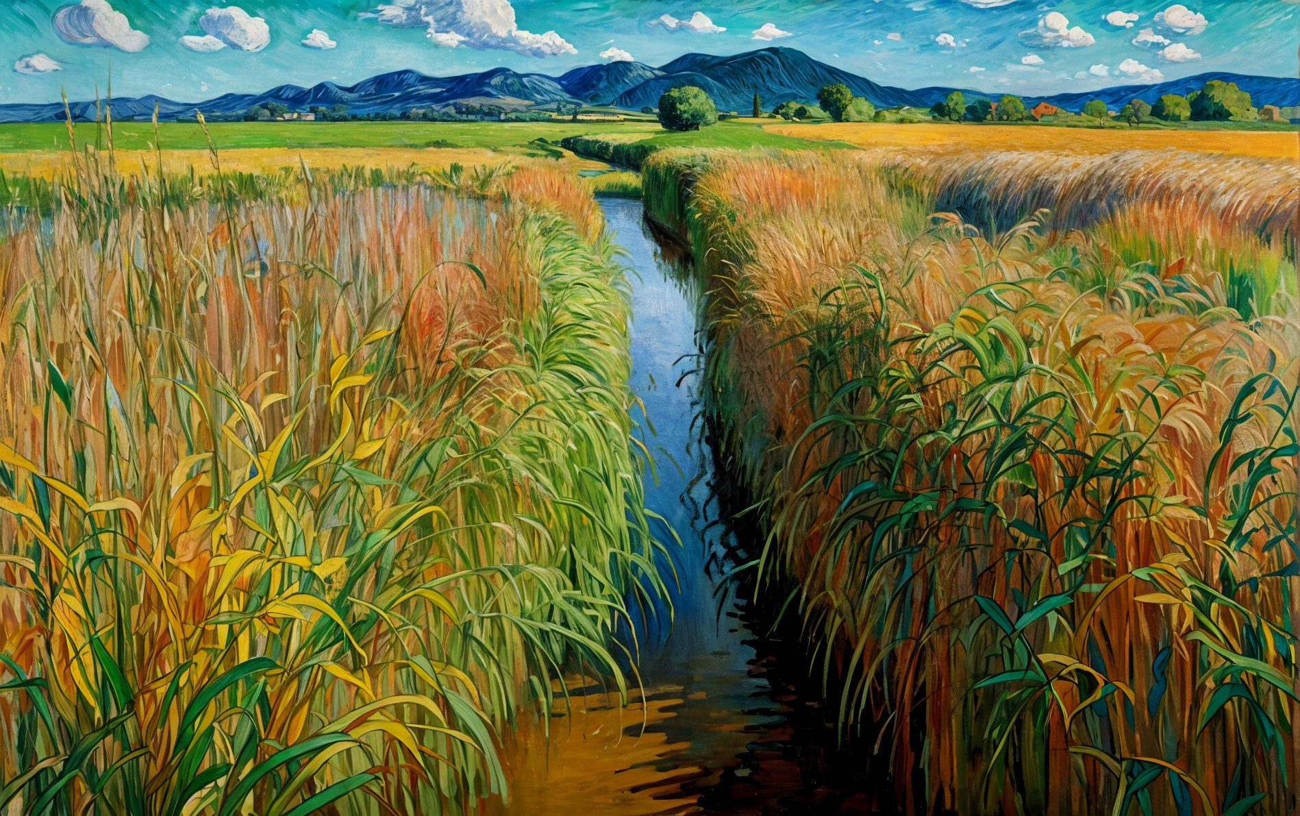 Vibrant Landscape with Waterway and Golden Grasses
