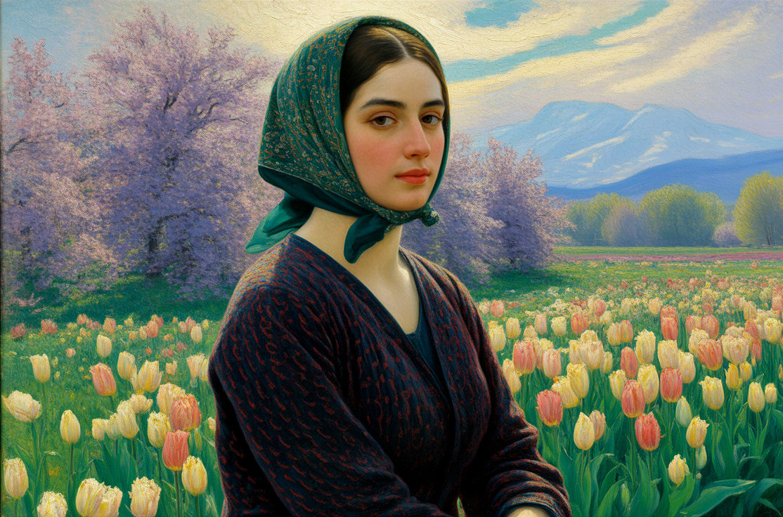 Young Woman in Vibrant Tulip Field with Scenic Hills