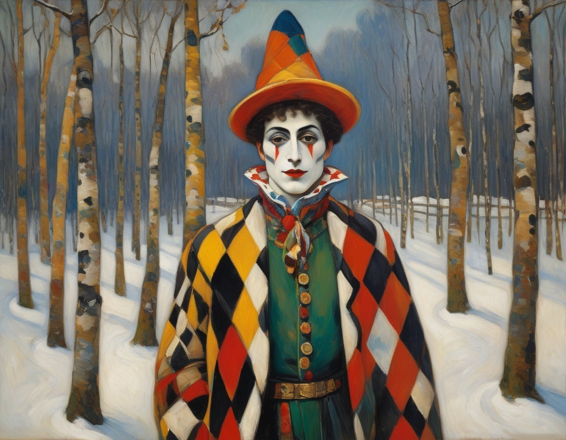 Clown in Colorful Harlequin Outfit in Snowy Forest