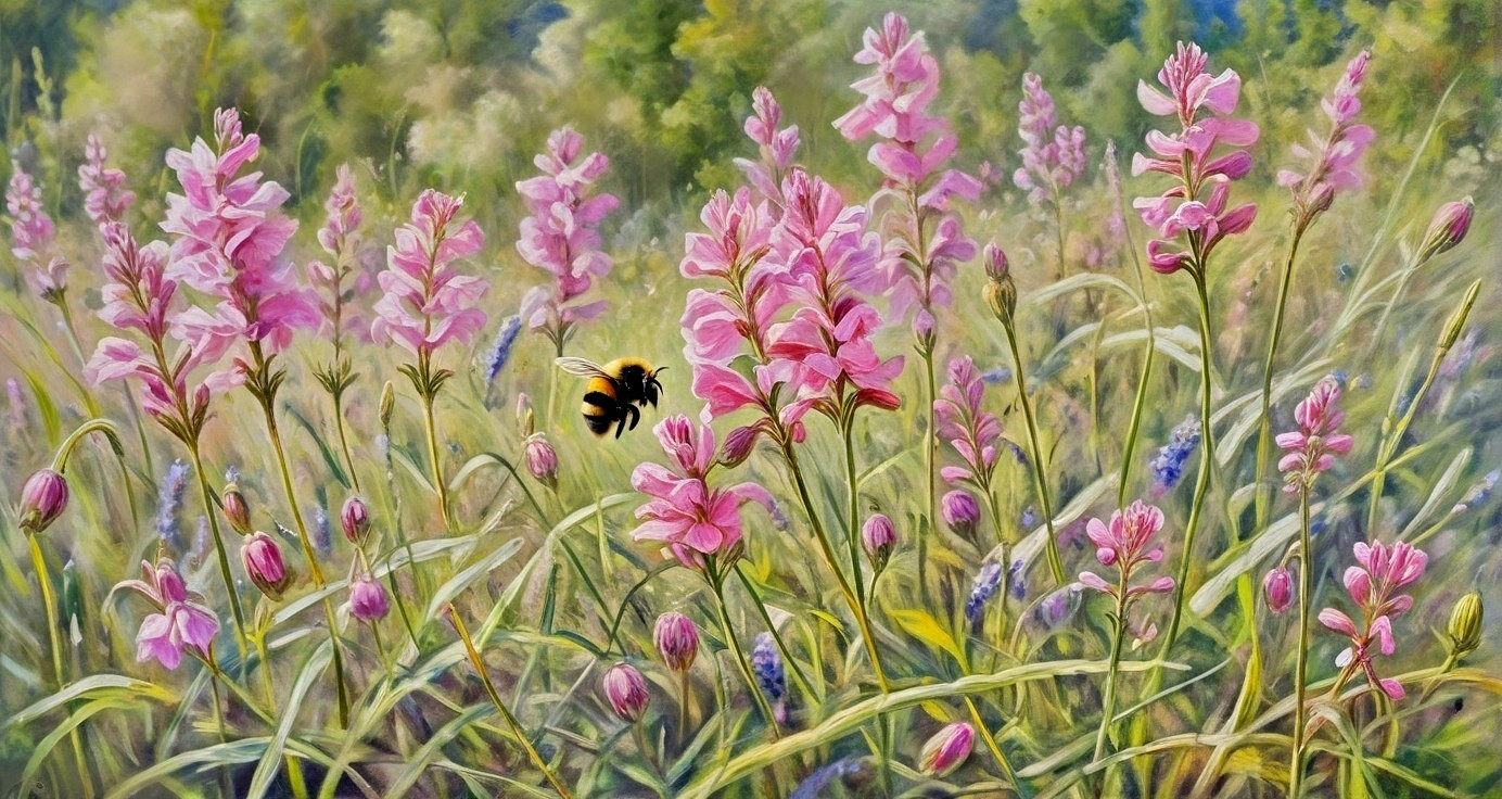 Vibrant Field of Pink Flowers with Bumblebee Presence