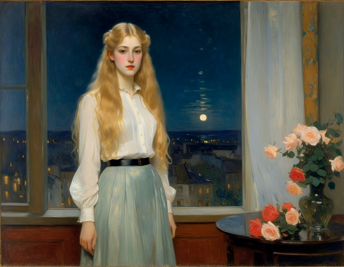 Young Woman by Window with Moonlit Cityscape