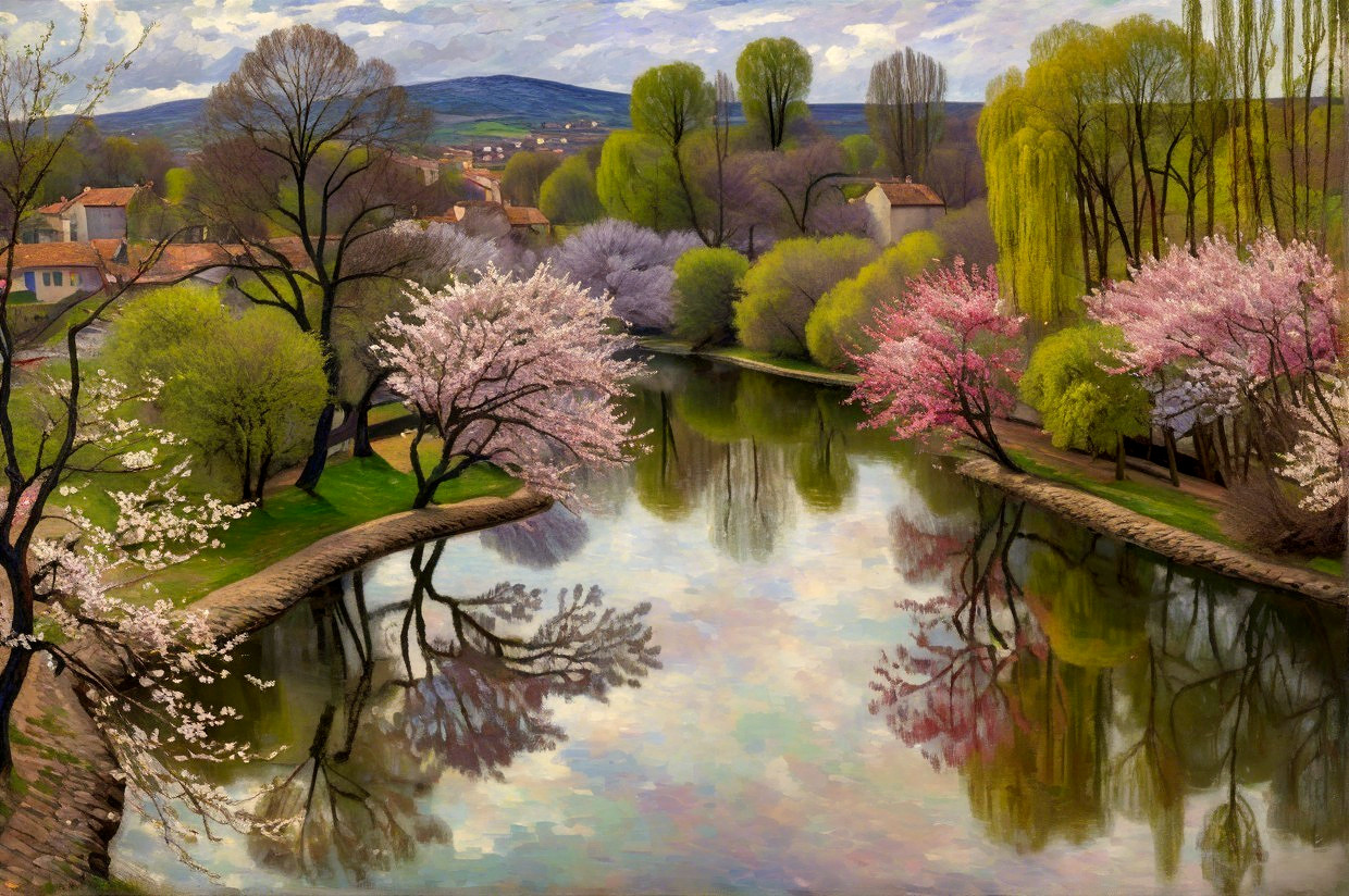 Serene River Landscape with Cherry Blossoms and Greenery