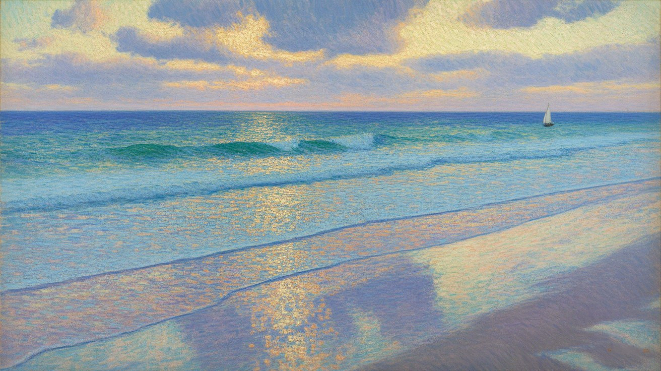 Tranquil Seaside Scene at Dusk with Sailboat