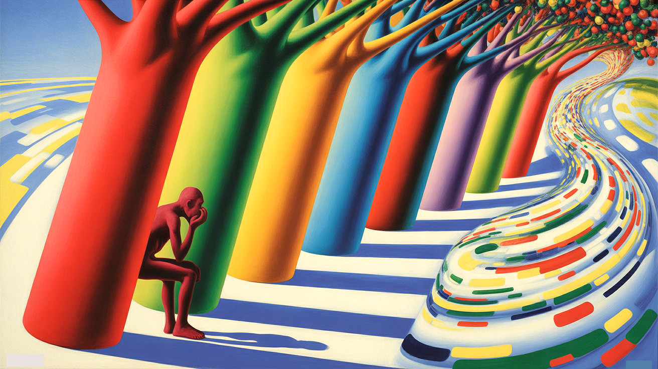 Vibrant Surreal Landscape with Colorful Trees and Figure