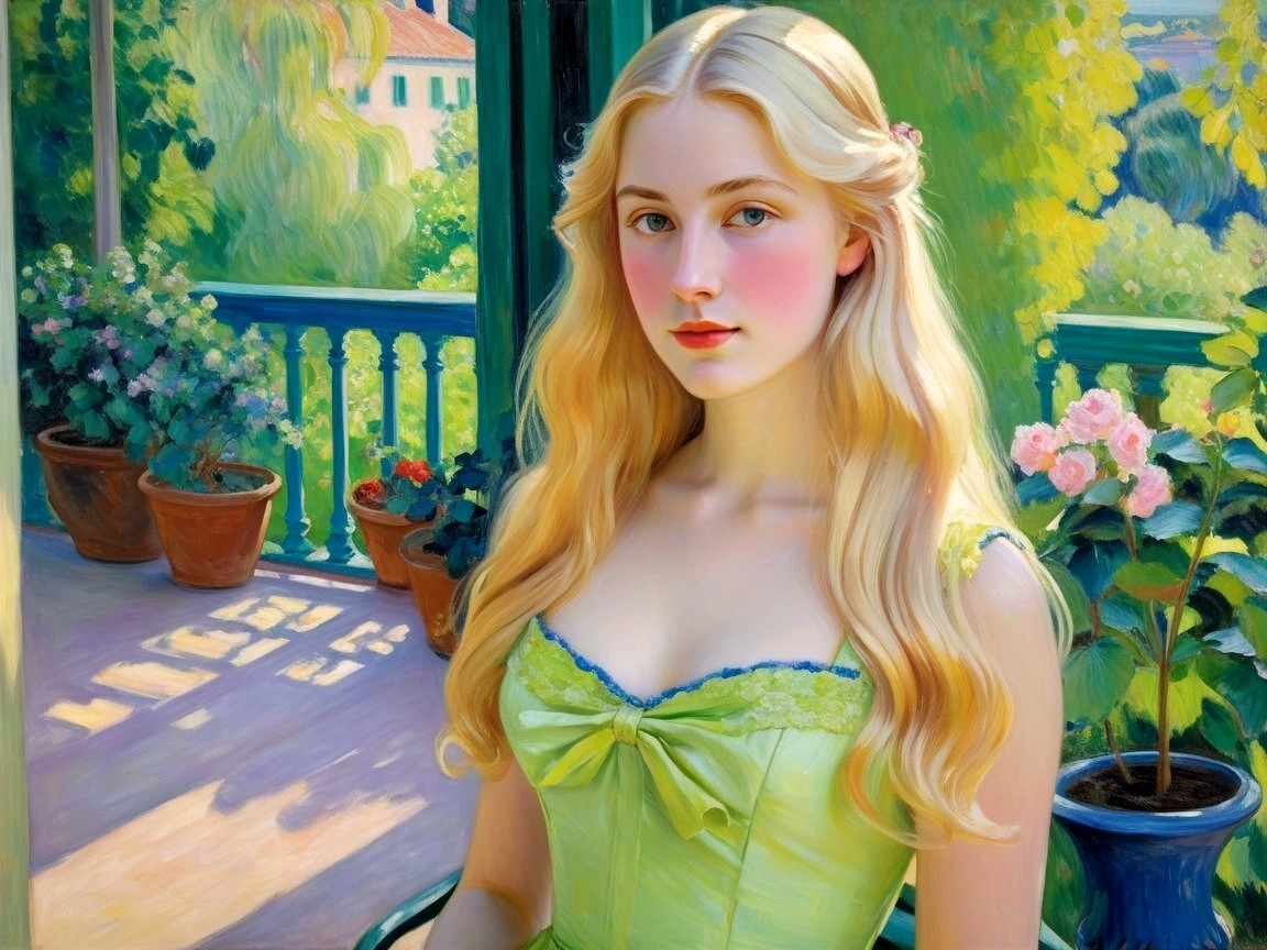 Young Woman in Green Dress on Sunlit Veranda