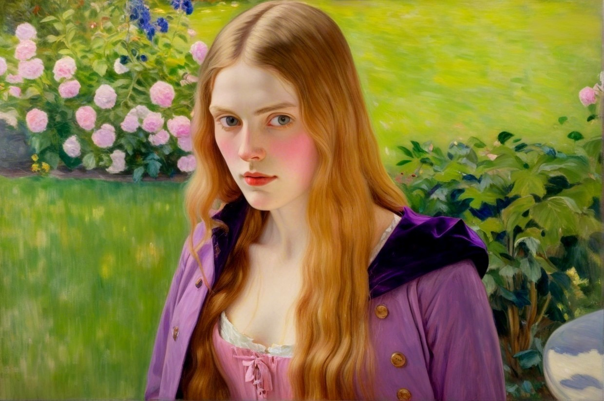 Young woman in purple jacket amidst blooming roses