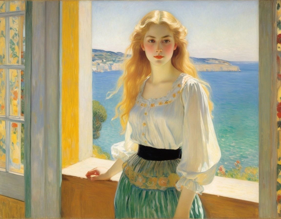Serene Young Woman by Bright Window with Ocean View