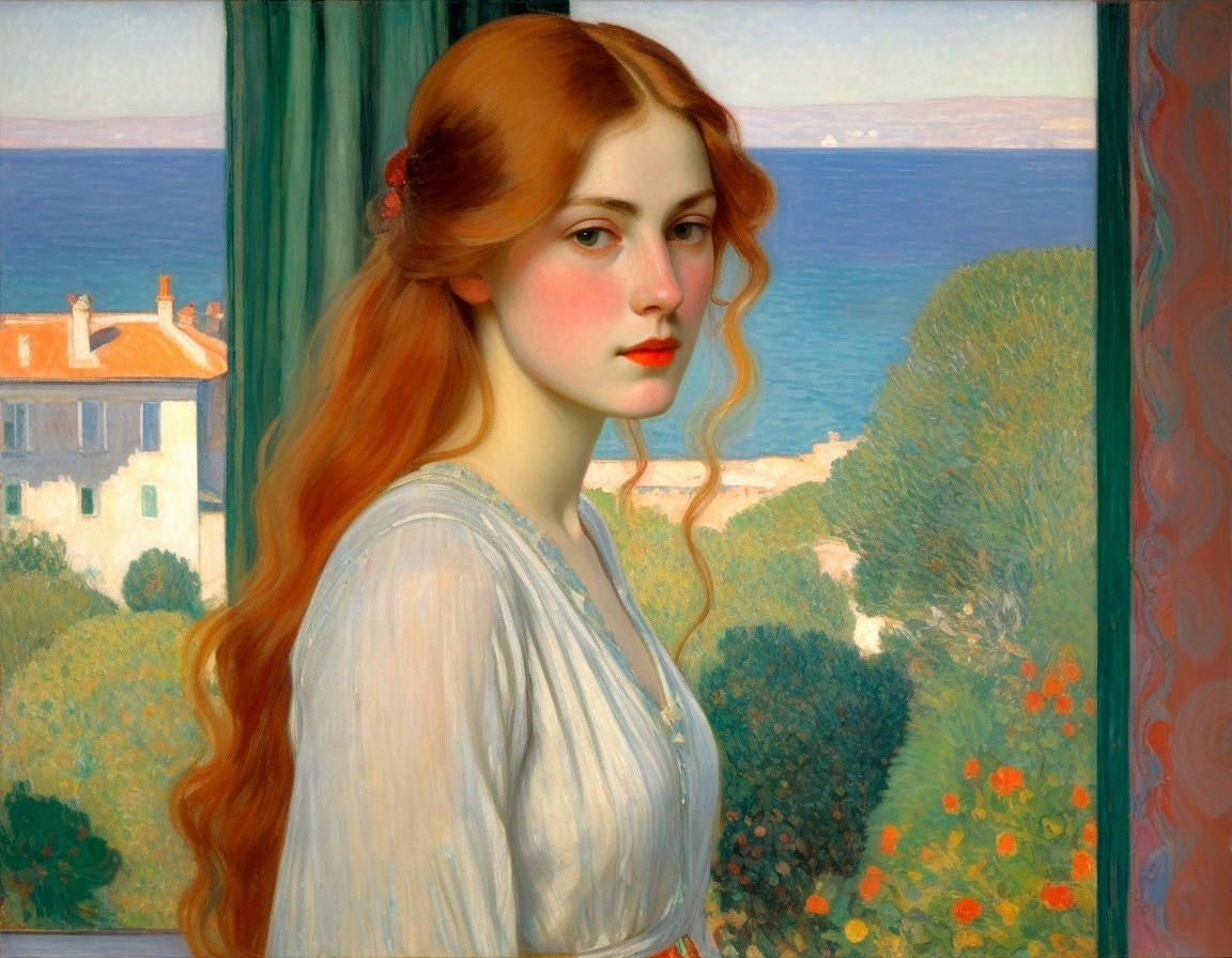 Young woman with red hair in a coastal setting