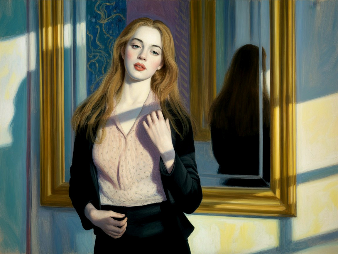 Young Woman in Elegant Room with Ornate Mirror